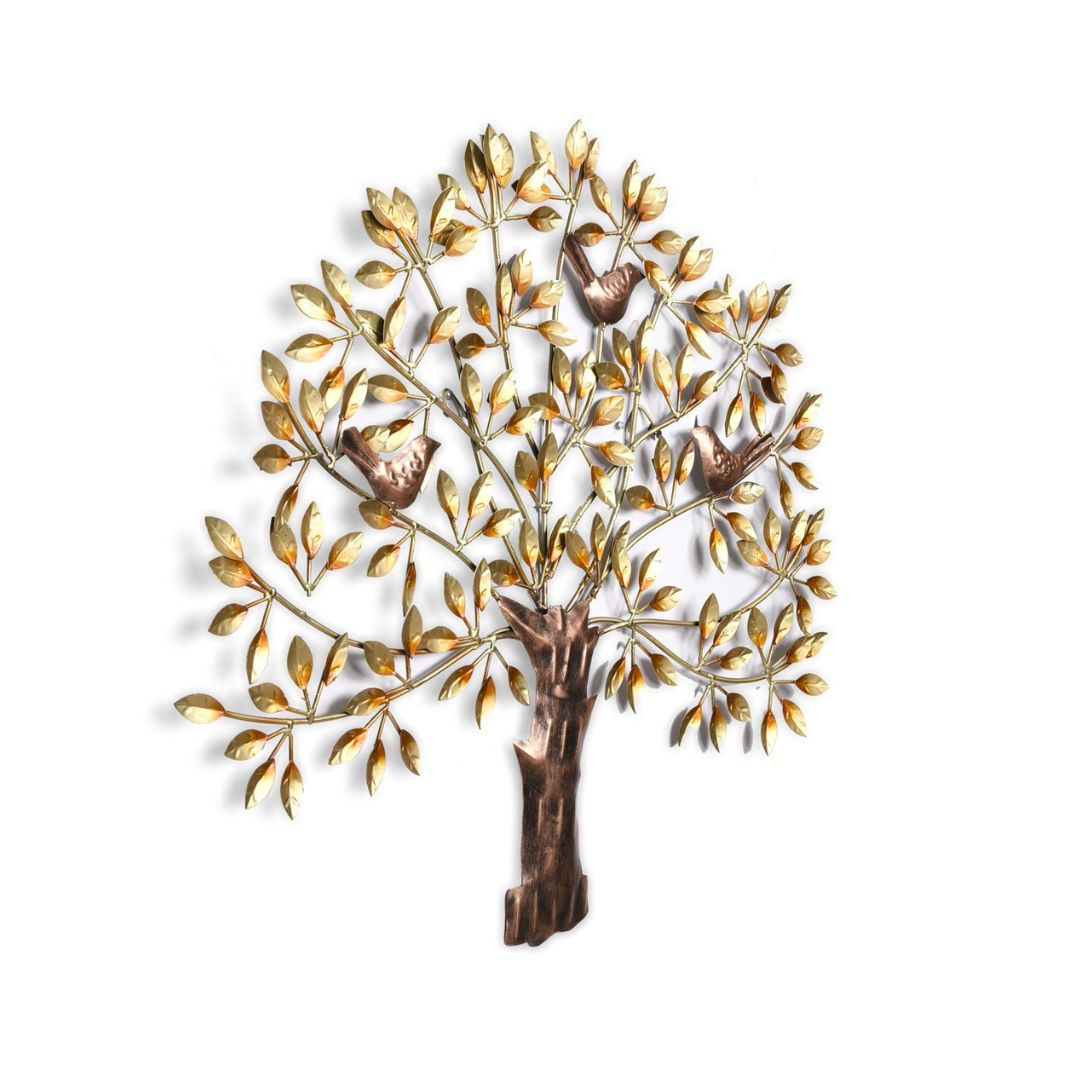 Metal Wall Art 3 Birds On Golden Tree | Metal Golden Tree And Birds Artwork For Wall | (30 X 1 X 30 Inch)