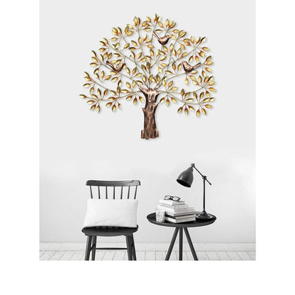 Metal Wall Art 3 Birds On Golden Tree | Metal Golden Tree And Birds Artwork For Wall | (30 X 1 X 30 Inch)