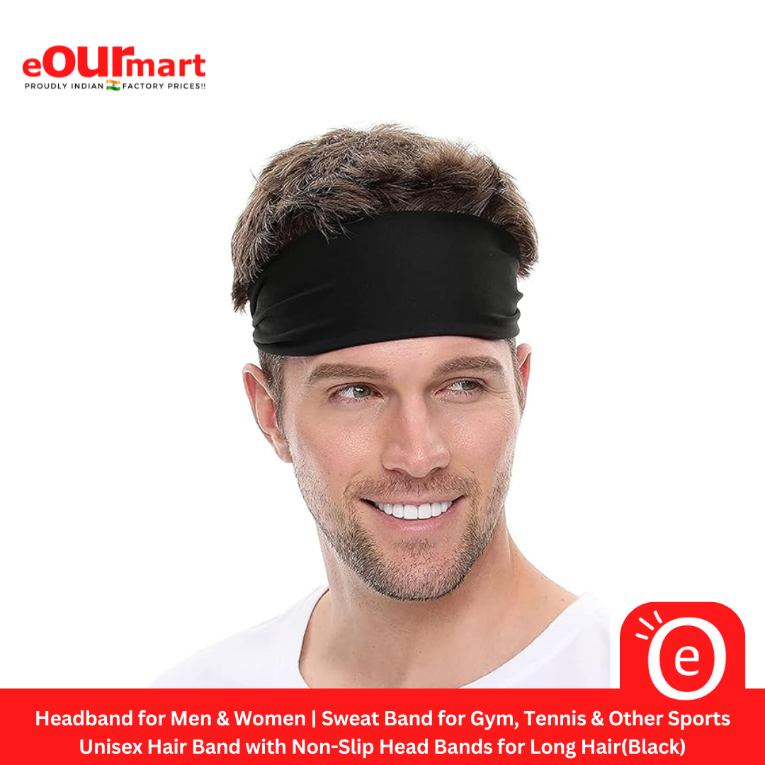 Headband for Men & Women | Sweat Band for Gym, Tennis, Badminton and Other Sports | Unisex Hair Band with Non-Slip Head Bands for Long Hair(Black)