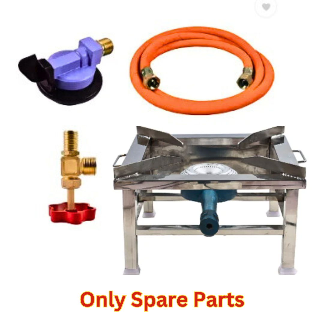 Single Burner Gas Stove Spare Parts - Fitted Brass Nut Hose Pipe, Valve & High Pressure Regulator