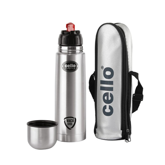 Cello Water Bottle, Stainless Steel, Flip Style, 1 Litre, Silver (Insulated Flask with Thermal Jacket)