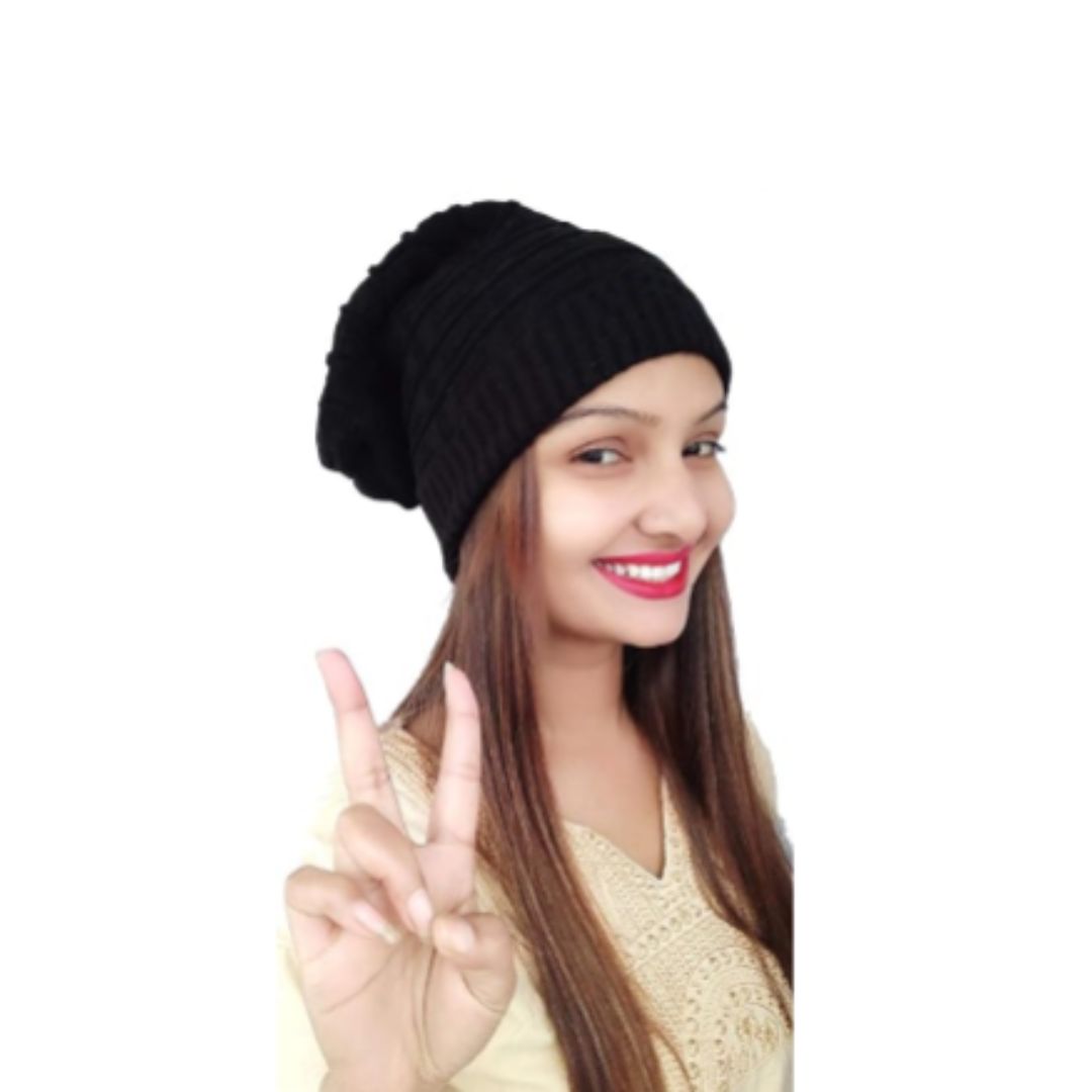 Women Beanie long Knitted Cap With Fur Inside Colour & Design May Vary