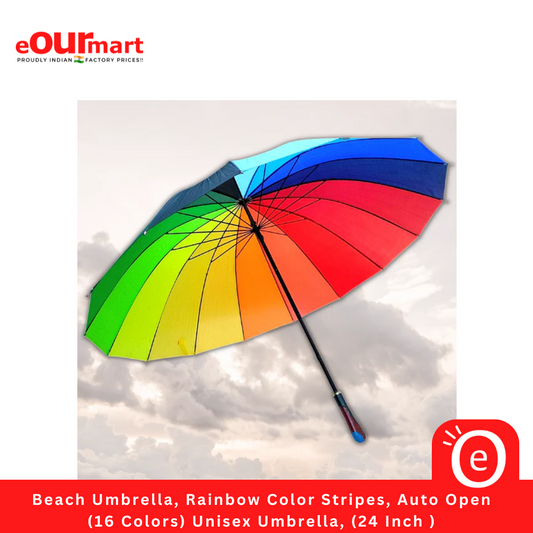 Beach Umbrella, Rainbow Color Stripes, Auto Open (16 Colors) Unisex Umbrella, (24 Inch)