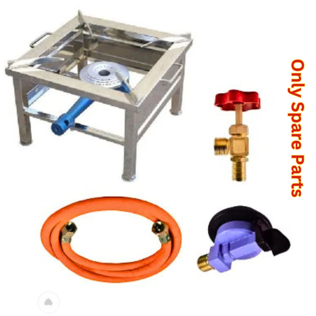 Single Burner Gas Stove Spare Parts - Fitted Brass Nut Hose Pipe, Valve & High Pressure Regulator