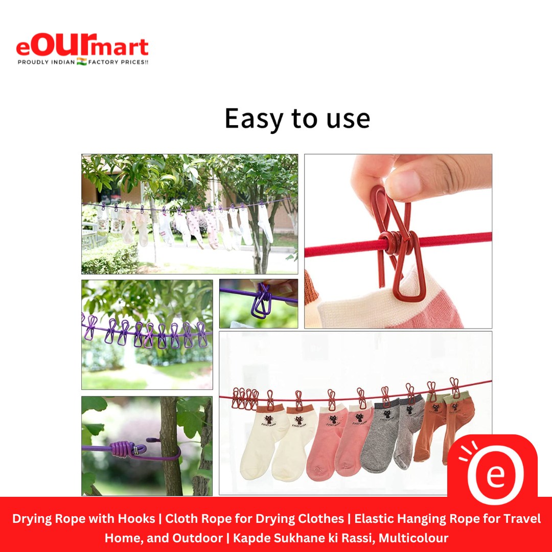 Drying Rope with Hooks | Cloth Rope for Drying Clothes | Elastic Hanging Rope 