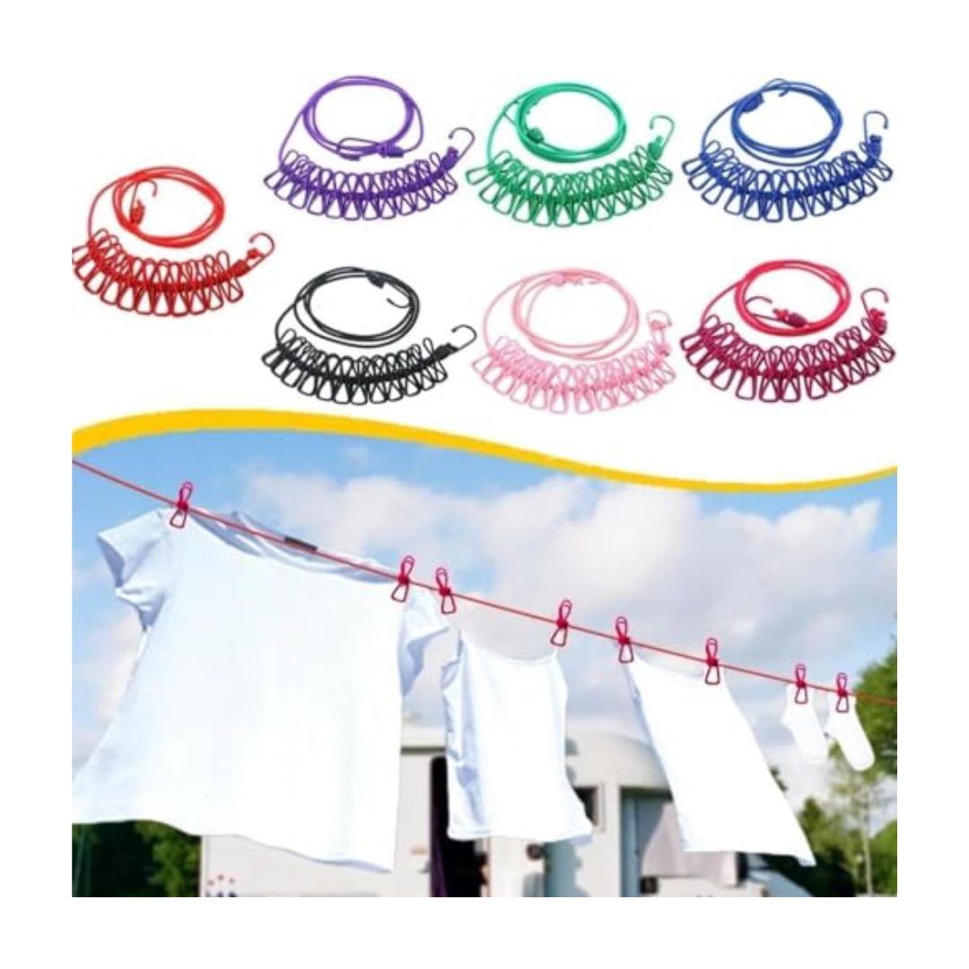 Drying Rope with Hooks | Cloth Rope for Drying Clothes | Kapde Sukhane ki Rassi, Multicolour