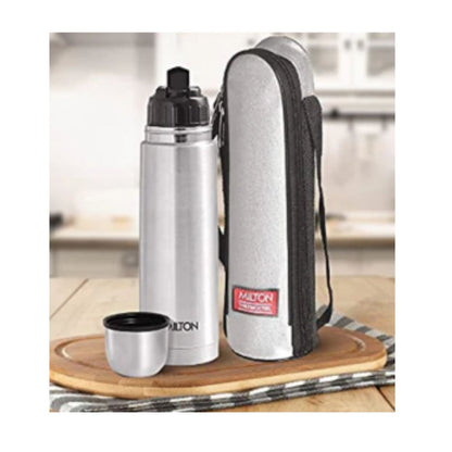 Milton Flip Lid 1000 Thermosteel 24 Hours Hot and Cold Water Bottle with Bag, 1 Litre, Silver