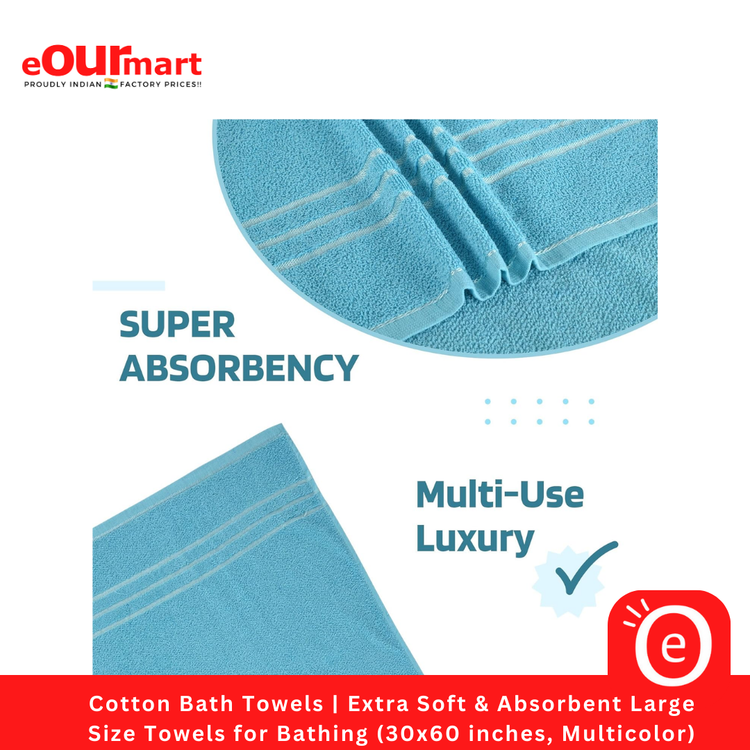 Cotton Bath Towels | Extra Soft & Absorbent Large Size Towels for Bathing (30x60 inches, Multicolor)