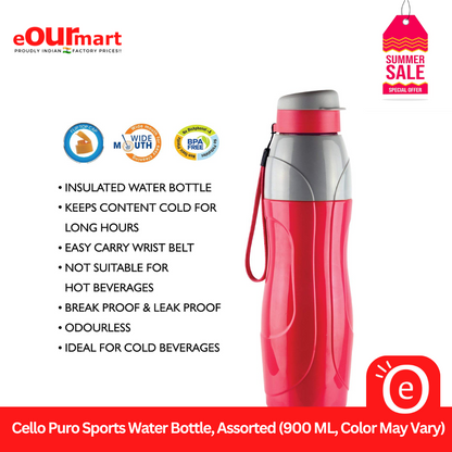 Cello Puro Sports Water Bottle, Assorted (900 ML, Color May Vary)