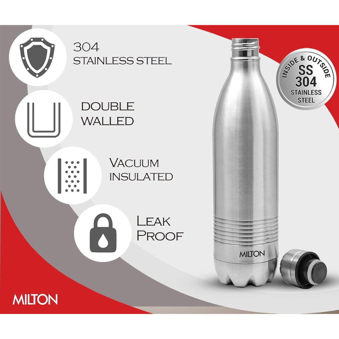 Milton Water Bottle Duo DLX 1000 Thermosteel 24 Hours Hot and Cold Water Bottle, 1 Litre, Silver