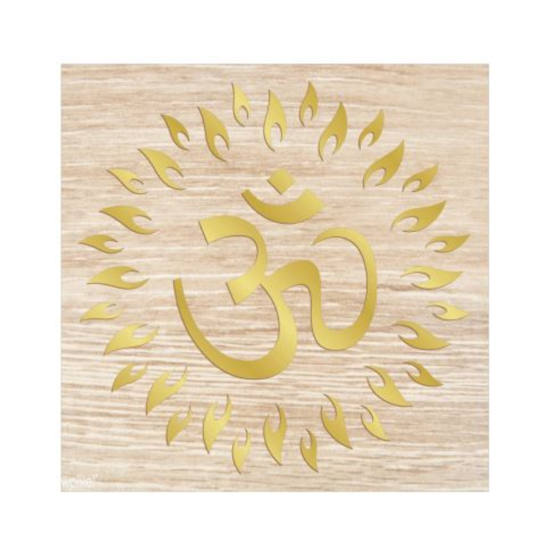 Hindu Religious Symbol OM Golden Acrylic Mirror Sheet and Pinewood Lasercut Wall Decor for Divinity room/Living Room/Bedroom/Office/Home Wall (16X16 Inch, 1pcs)