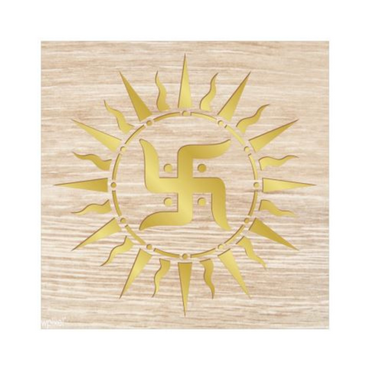 Hindu Religious Symbol Swastik Golden Acrylic Mirror Sheet and Pinewood Lasercut Wall Decor for Divinity room/Living Room/Bedroom/Office/Home Wall (16X16 Inch, 1pcs)