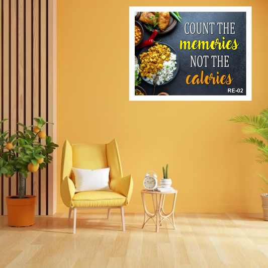 kitchen Wall Posters with White Frame for Food Lover | Quote on Food Count The Memories Not Calories (14X18 Inch)