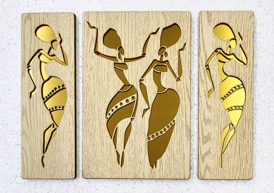 Home, Wall Decor with Laser Cut Golden Effect on Pinewood for Office ( 12X15 Inch, 3Pcs Set)