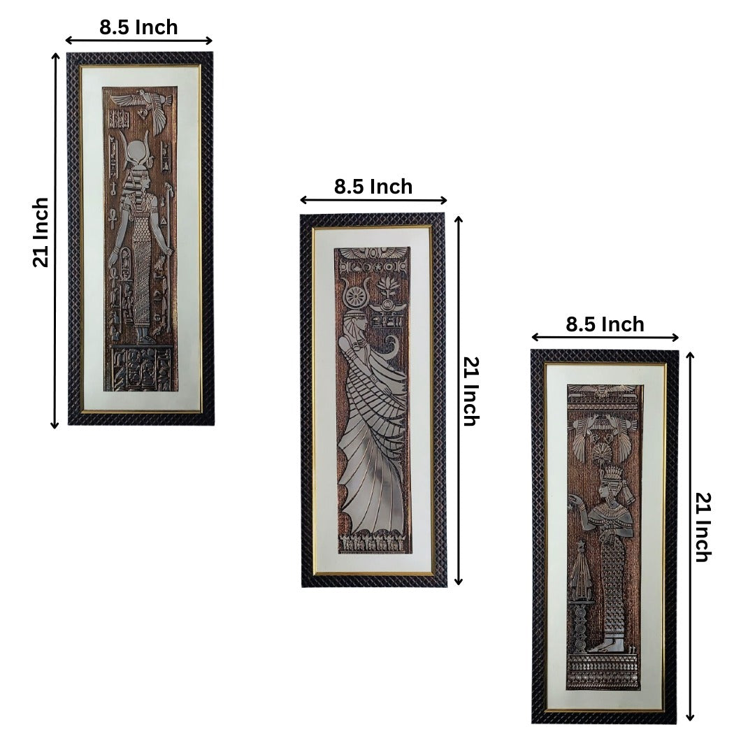 Wall Decor Copper Foil Three Egypt Mythology Panels with Mounting, Plastic Glass and Synthetic Wood Frame (8.5X21 Inch, 3Pcs)