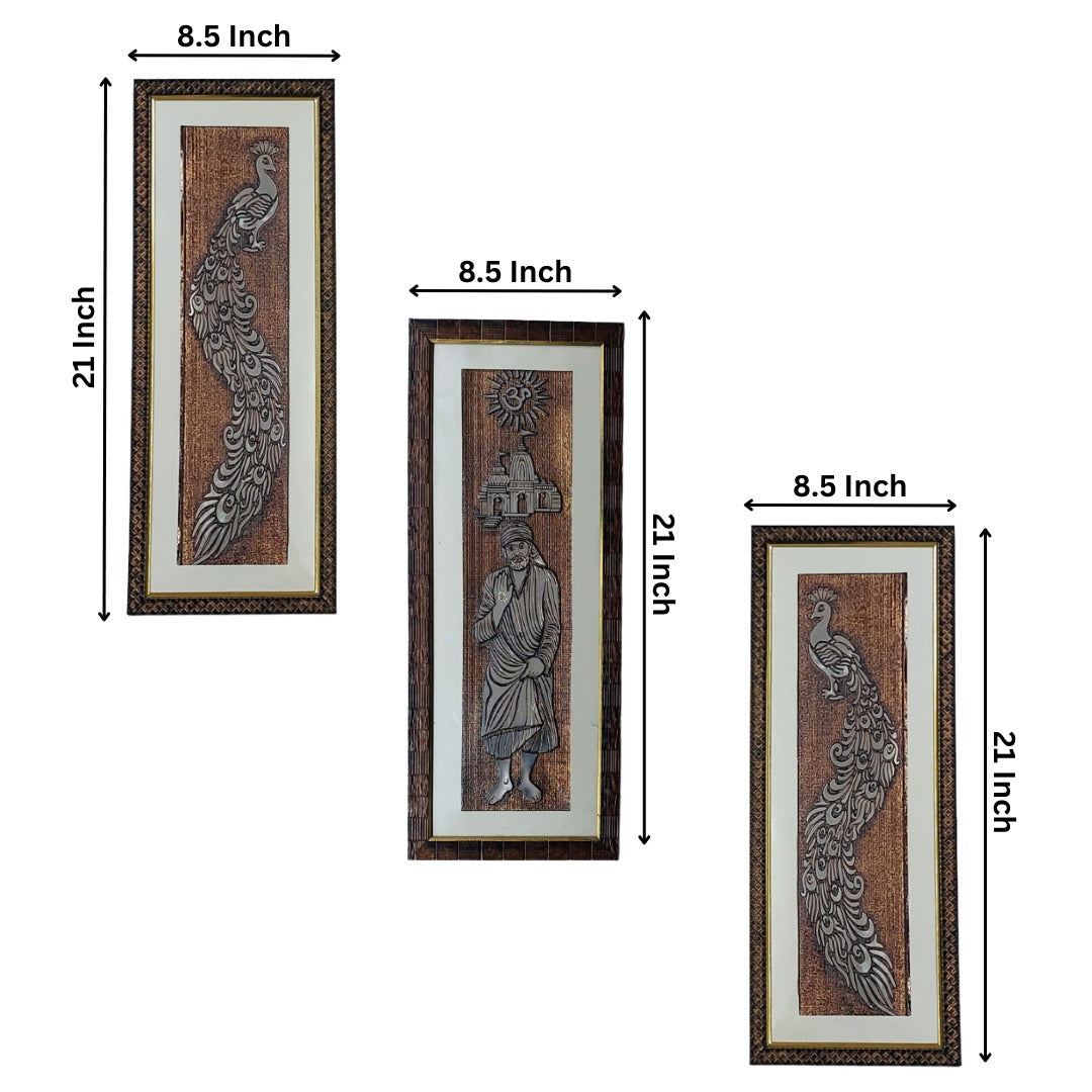 Wall Decor Copper Foil One Pcs Sai Baba and Two Pcs Peacocks Panels with Mounting, Plastic Glass and Synthetic Wood Frame (8.5X21 Inch, 3Pcs)