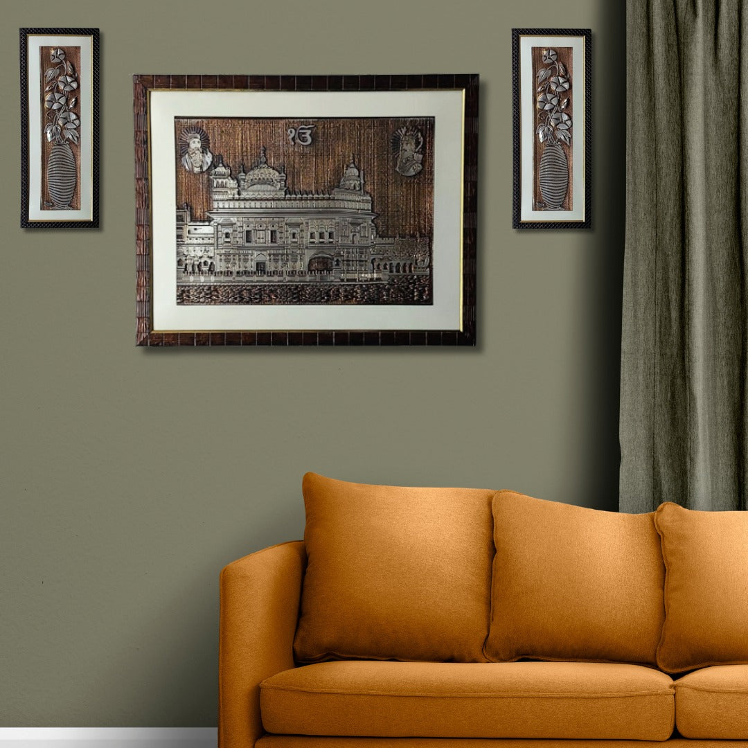 Wall Decor Copper Metal Flowers and Golden Temple Photo Frame