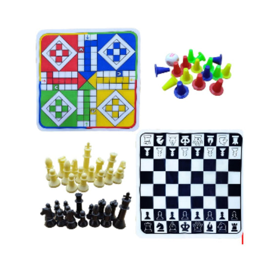 2 in 1 Game, Ludo and Chess Foldable Plastic Mat - Ideal for Parties, Fun, and Family Game Nights (Size 12 Inch, Colour And Design May Vary)