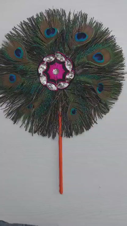 Natural Peacock Feather Fan/Mor Pankh for Laddu Gopal/Thakur Ji/Kanha Ji for Puja and Home Decoration | Peacock Mor Pankh Hand Fan Graha and Drishti Dosa Nasak for Good Luck and Decor, 9 Inch Diameter