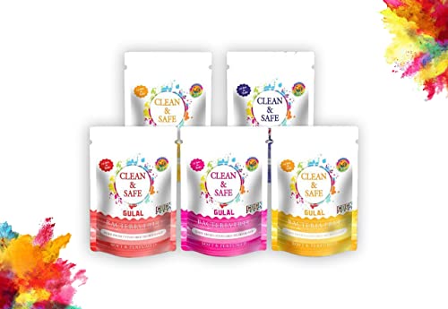 Cock Brand Clean and Safe Gulal Multicolour (Pack of 5) | Bacteria-Free gulal | 100% Natural and Herbal Gulal | Colour Powder Made and Packed by Machines only